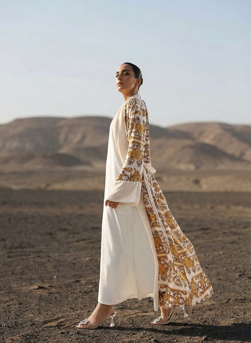 ISHIN Off White  Baroque print layered Abaya with Hijab - Image 5
